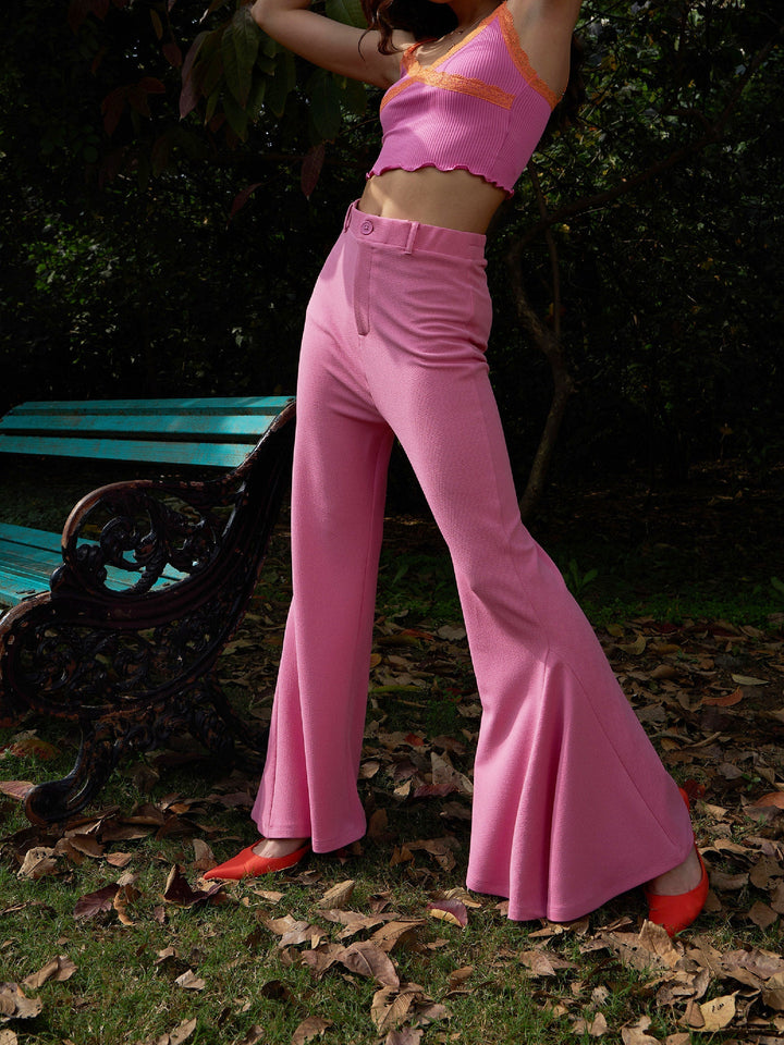 Women's Pink Bell Bottom Kick Pleats Knitted Pants - SASSAFRAS