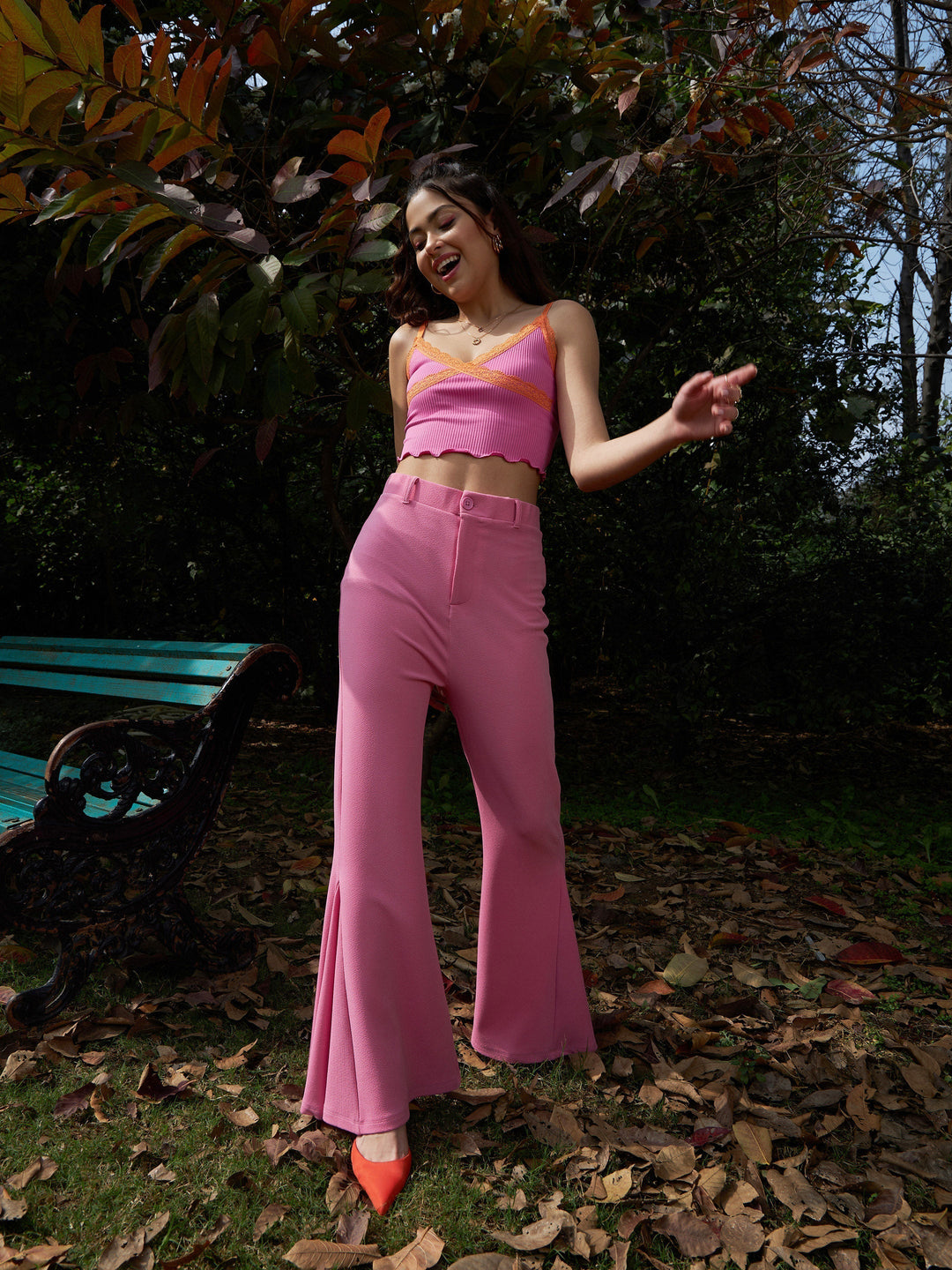 Women's Pink Bell Bottom Kick Pleats Knitted Pants - SASSAFRAS