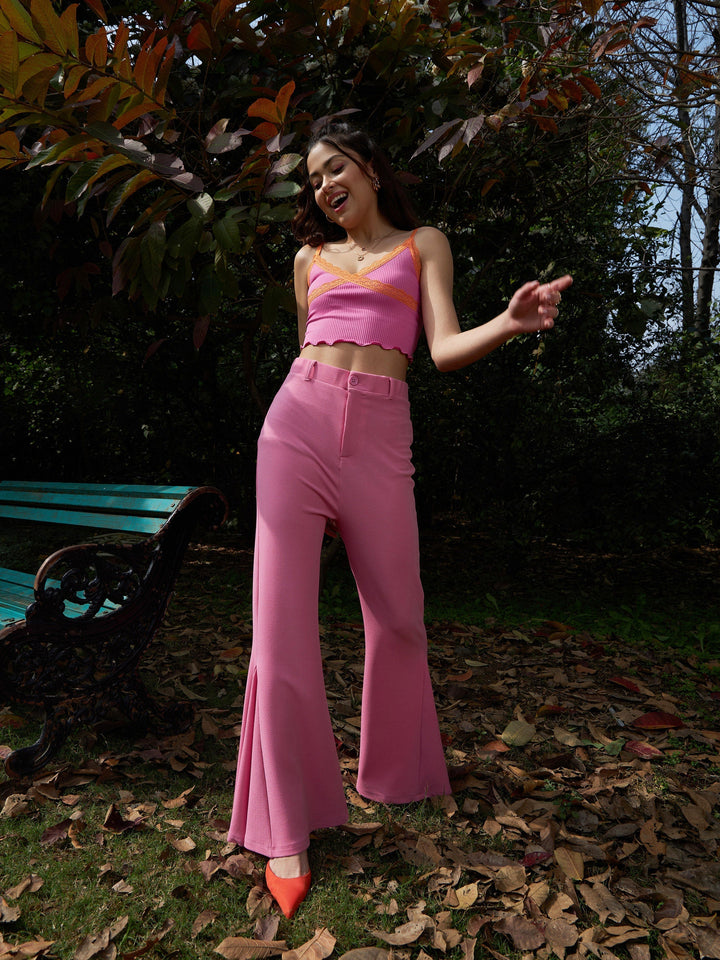 Women's Pink Bell Bottom Kick Pleats Knitted Pants - SASSAFRAS