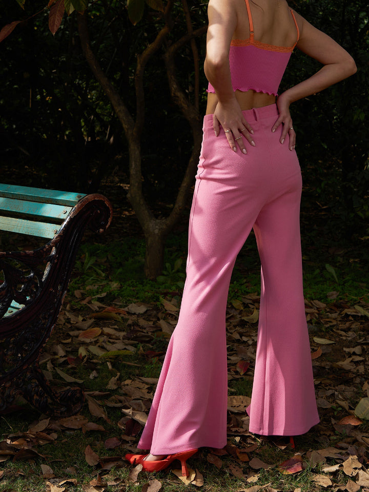 Women's Pink Bell Bottom Kick Pleats Knitted Pants - SASSAFRAS