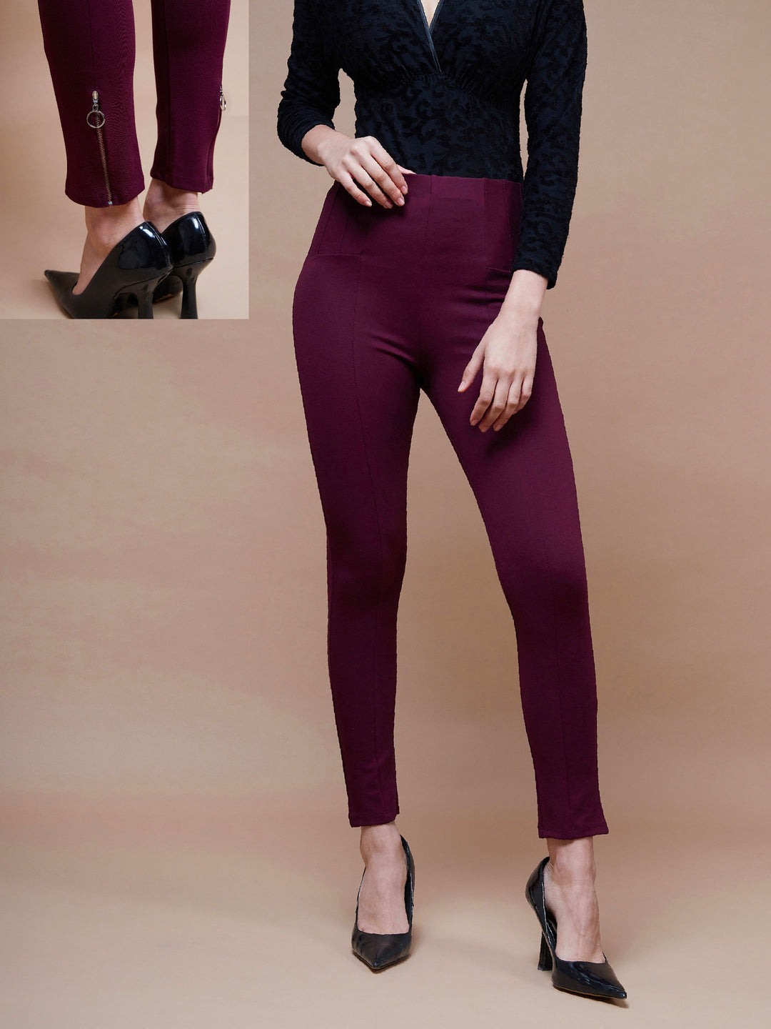 Women's Burgundy Bottom Zipper Jeggings - SASSAFRAS