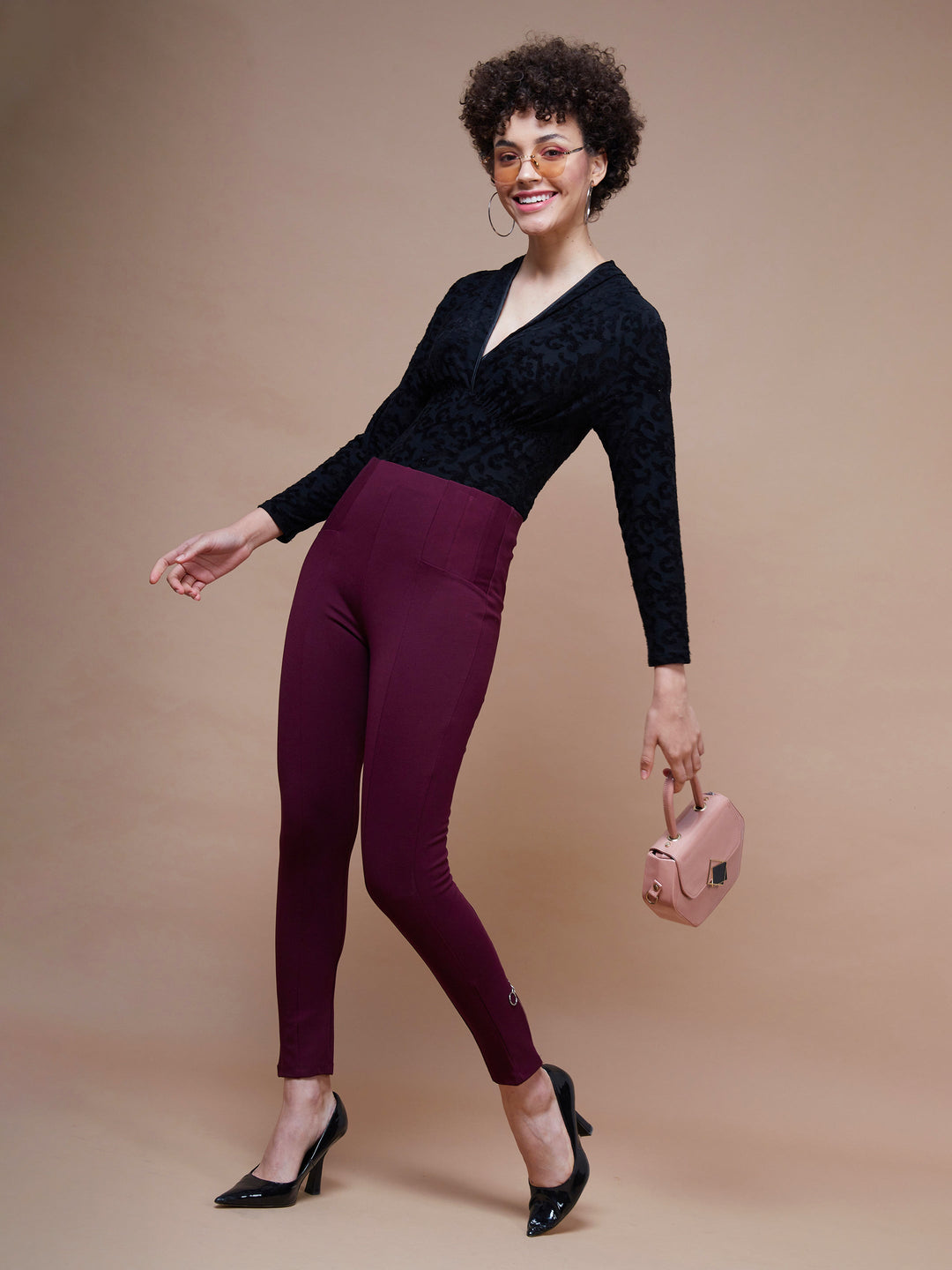 Women's Burgundy Bottom Zipper Jeggings - SASSAFRAS