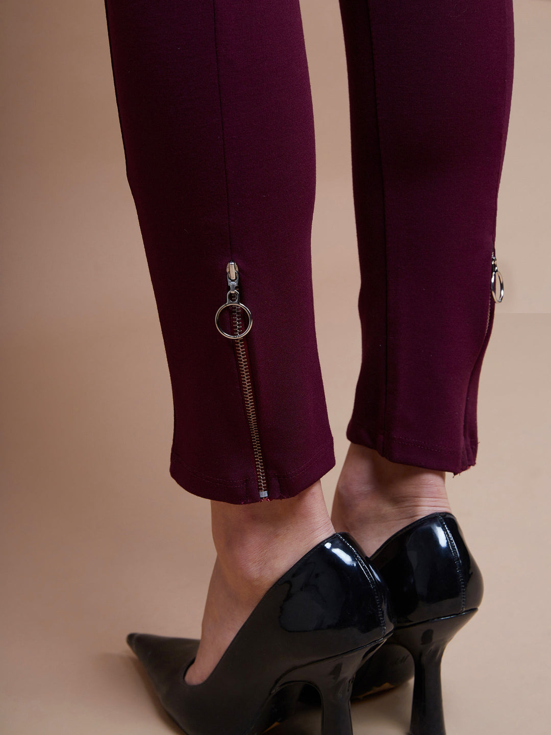 Women's Burgundy Bottom Zipper Jeggings - SASSAFRAS
