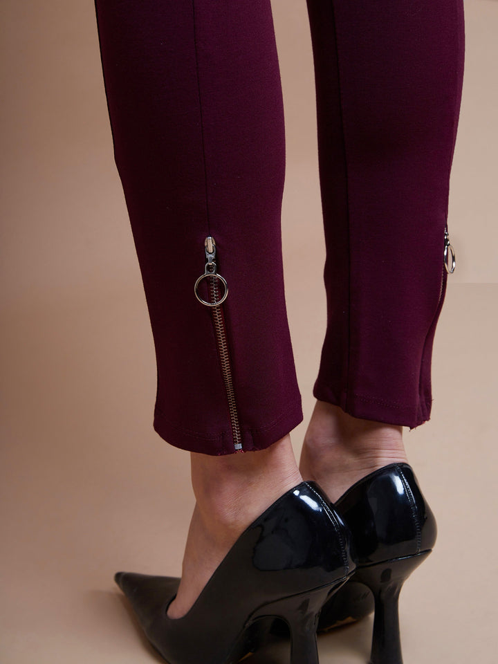 Women's Burgundy Bottom Zipper Jeggings - SASSAFRAS
