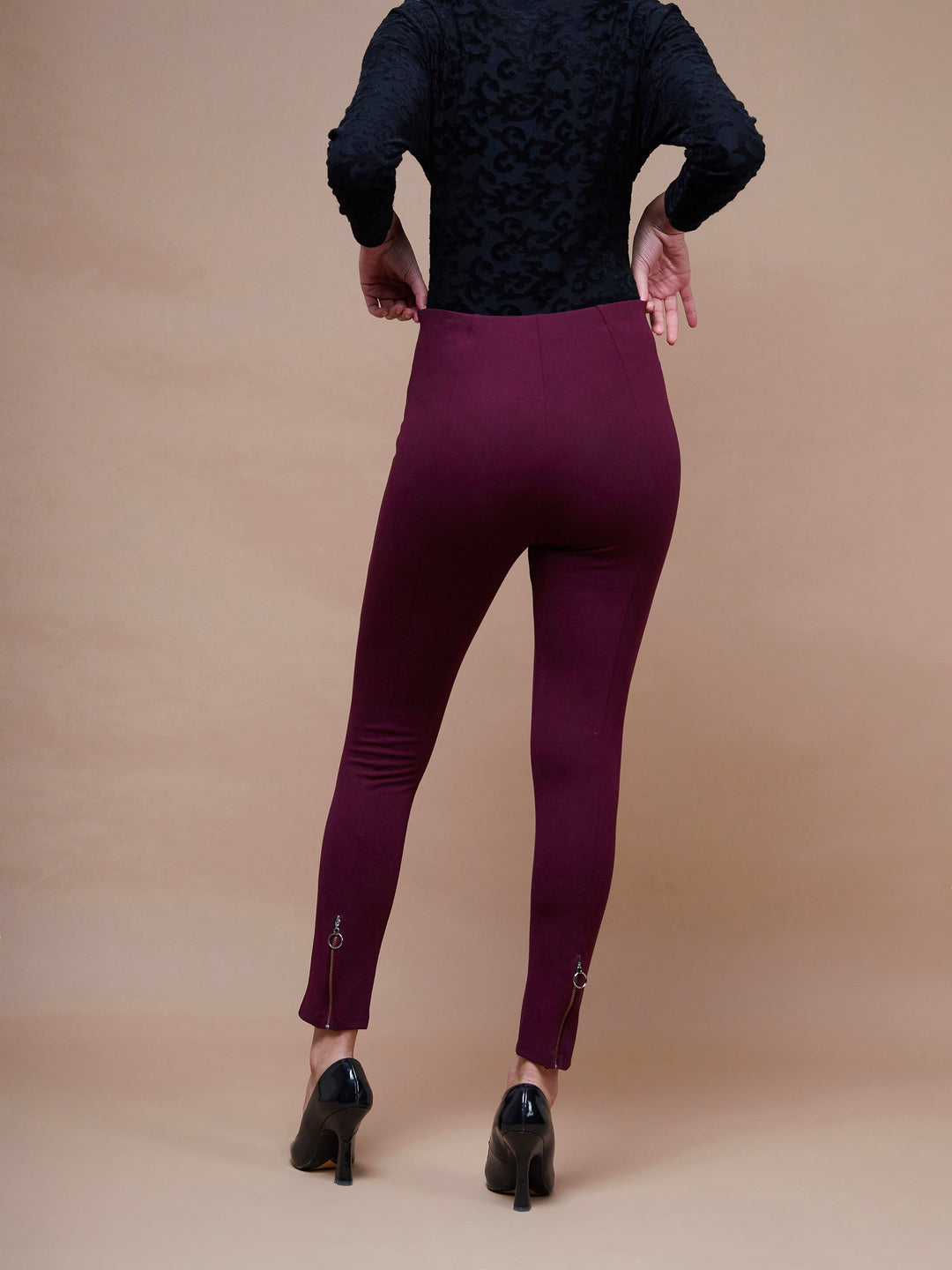 Women's Burgundy Bottom Zipper Jeggings - SASSAFRAS