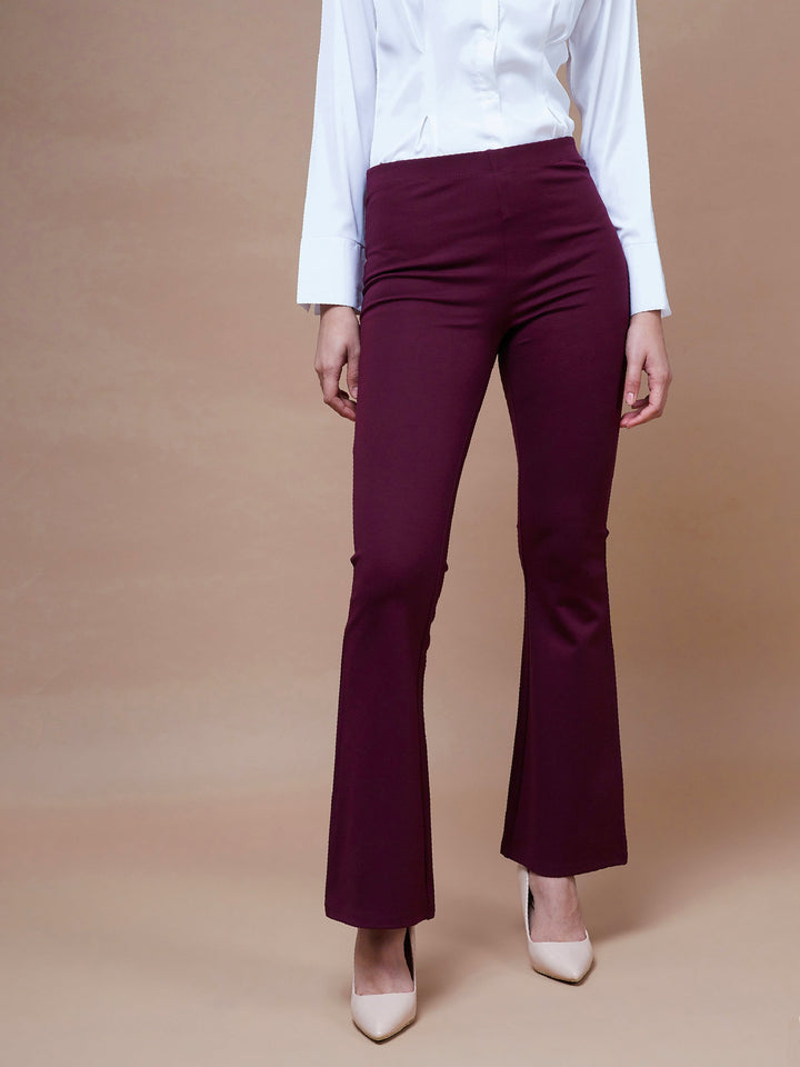 Women's Burgundy Bell Bottom 4-Way Stretch Pants - SASSAFRAS