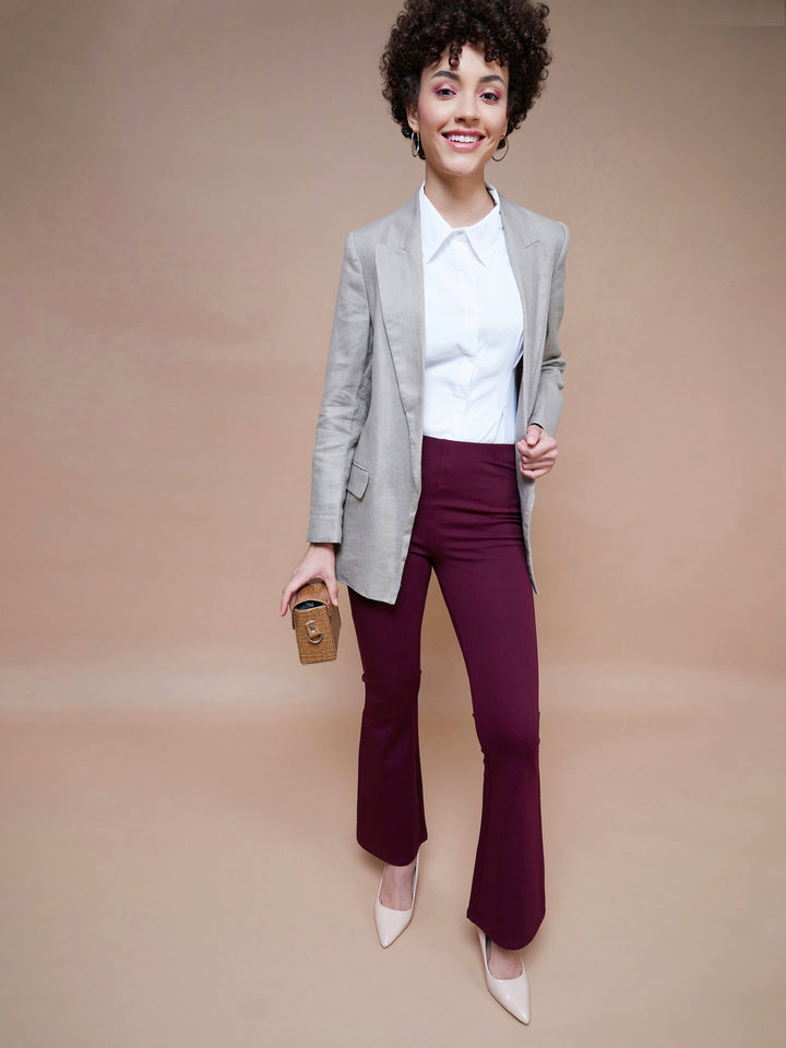 Women's Burgundy Bell Bottom 4-Way Stretch Pants - SASSAFRAS