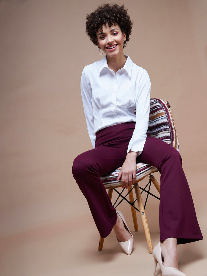 Women's Burgundy Bell Bottom 4-Way Stretch Pants - SASSAFRAS