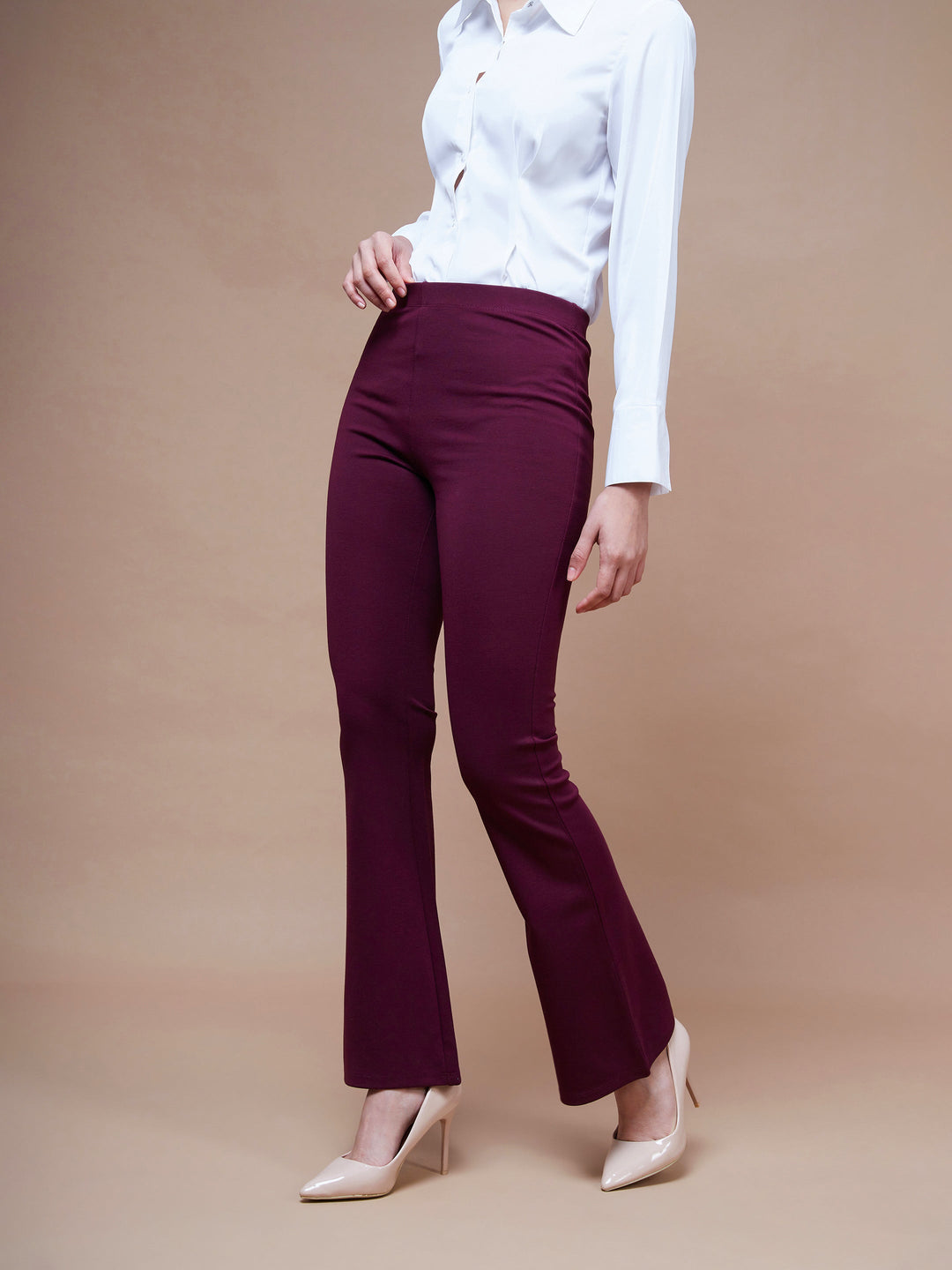 Women's Burgundy Bell Bottom 4-Way Stretch Pants - SASSAFRAS