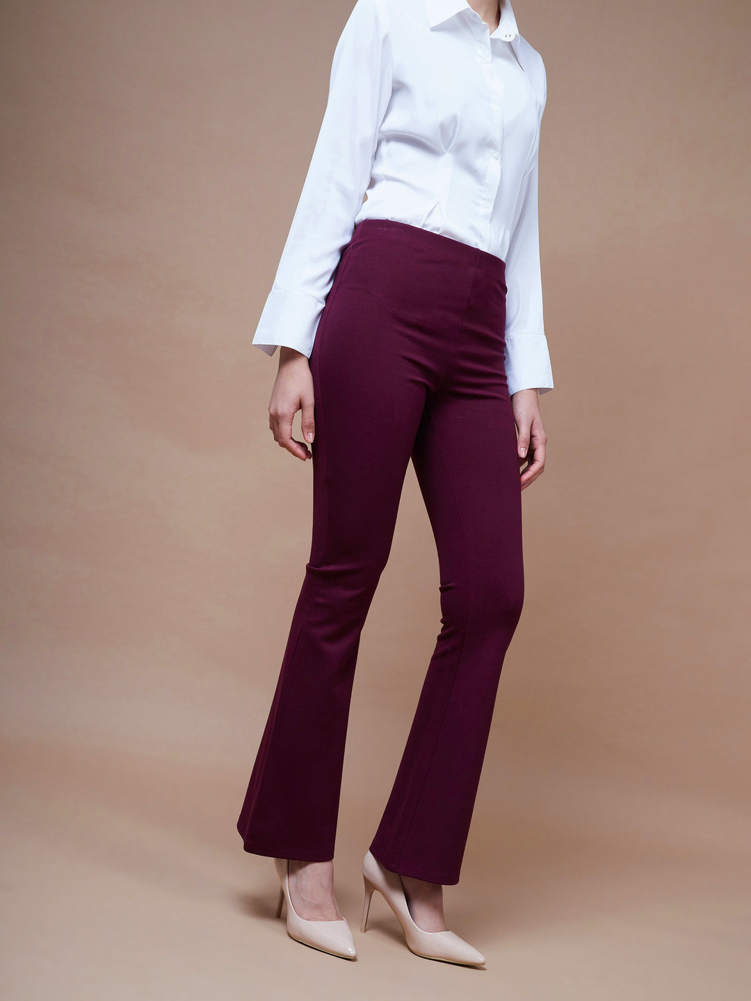 Women's Burgundy Bell Bottom 4-Way Stretch Pants - SASSAFRAS
