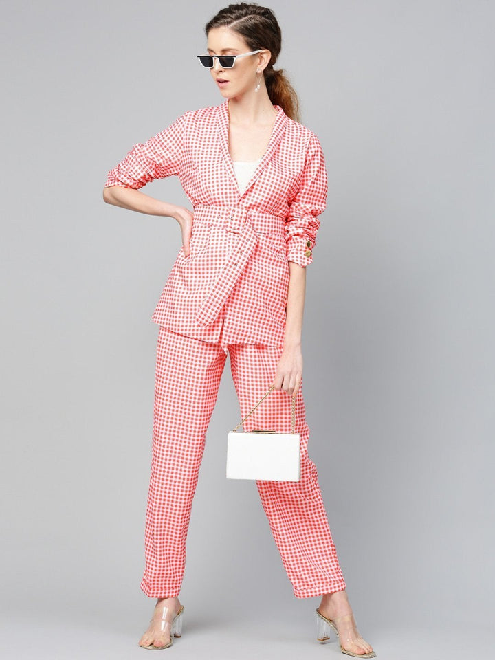 Women's Red & White Check Front Button Tapered Pant - SASSAFRAS