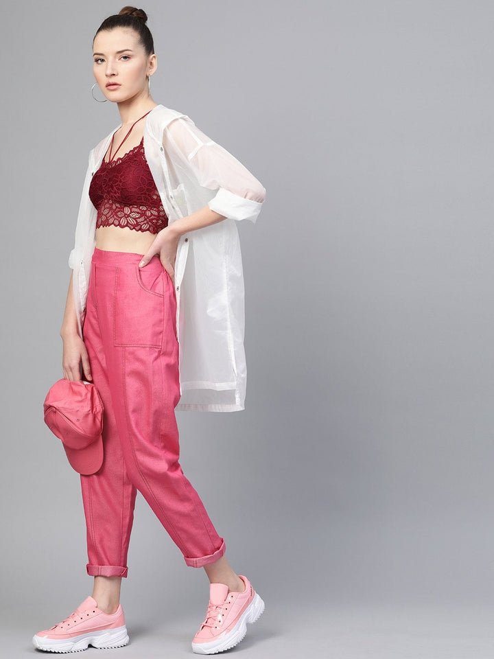 Women's Fuchsia Contrast Stitch Twill Tapered Pants - SASSAFRAS