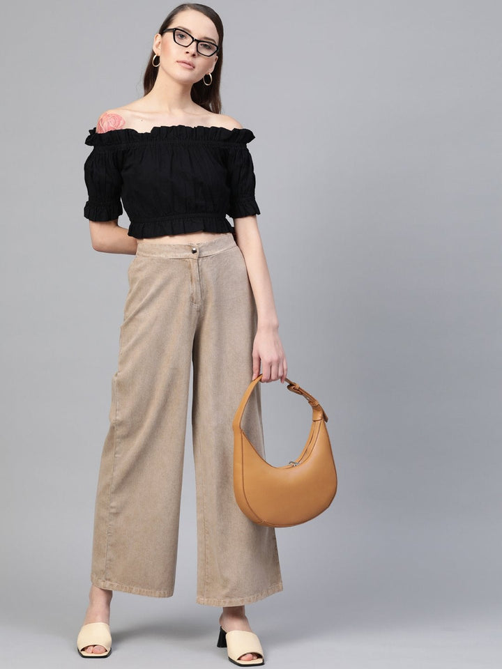 Women's Beige Denim Flared Pant - SASSAFRAS