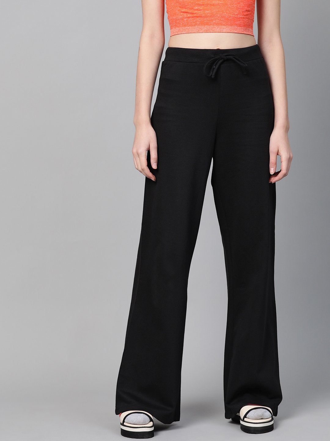 Women's Black Terry Wide Leg Drawstring Pants - SASSAFRAS