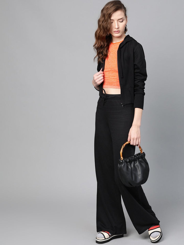 Women's Black Terry Wide Leg Drawstring Pants - SASSAFRAS