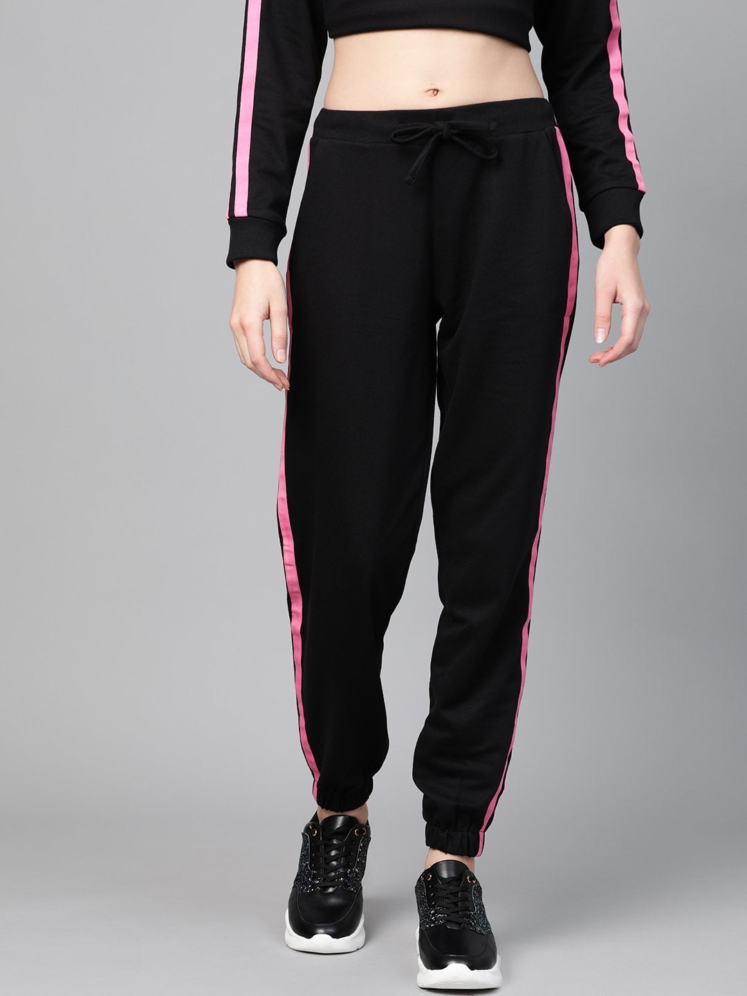Women's Black Terry Contrast Side Tape Jogger - SASSAFRAS