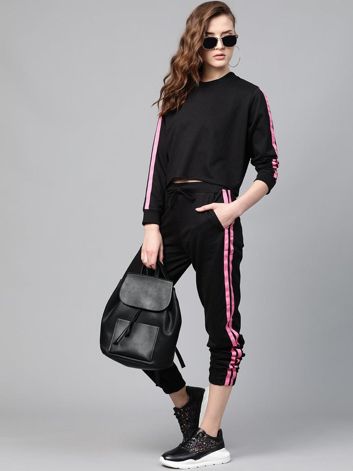 Women's Black Terry Contrast Side Tape Jogger - SASSAFRAS