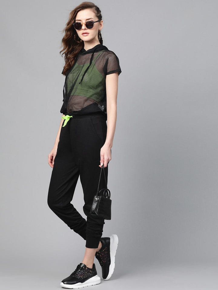 Women's Black Terry Contarst Drawstring Jogger - SASSAFRAS
