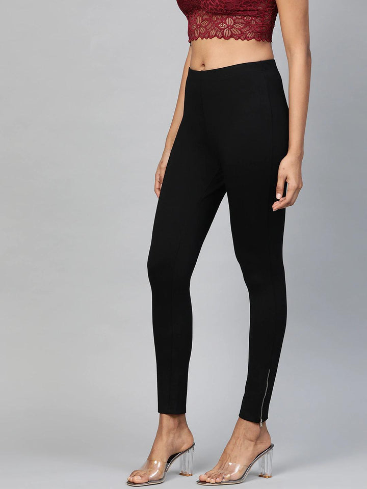 Women's Black Zipper-At-Hem Jeggings - SASSAFRAS