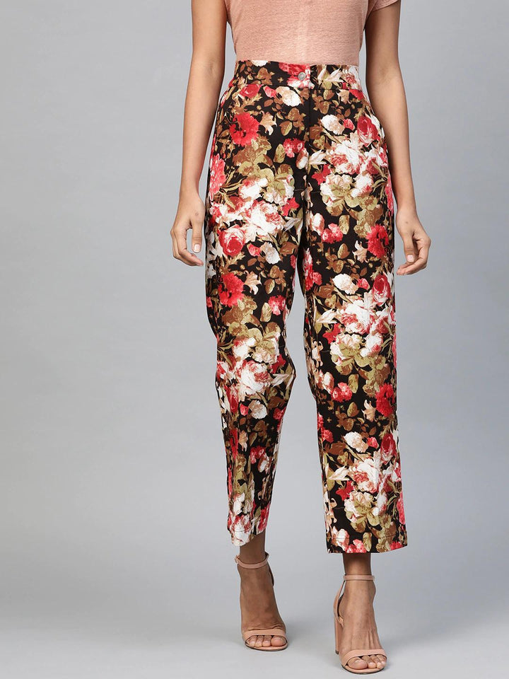 Women's Red Floral Straight Twill Pants - SASSAFRAS