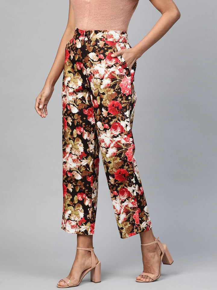 Women's Red Floral Straight Twill Pants - SASSAFRAS