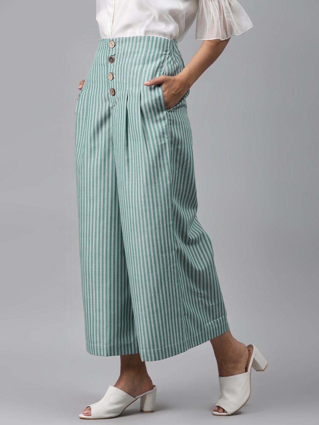 Women's Green Stripes Front Button Flared Pants - SASSAFRAS