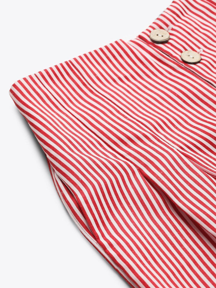 Women's Red Stripes Front Button Flared Pants - SASSAFRAS
