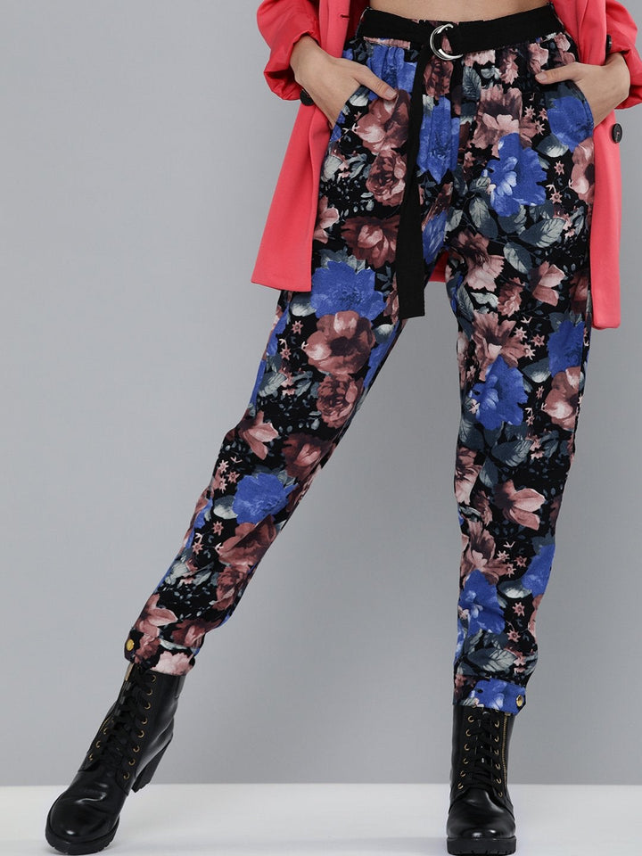Women's Blue Floral Button Hem Joggers - SASSAFRAS