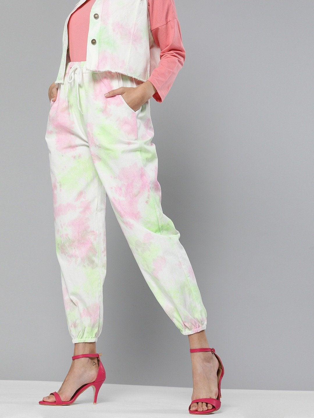 Women's Green & Pink Tie-Dye Twill Joggers - SASSAFRAS