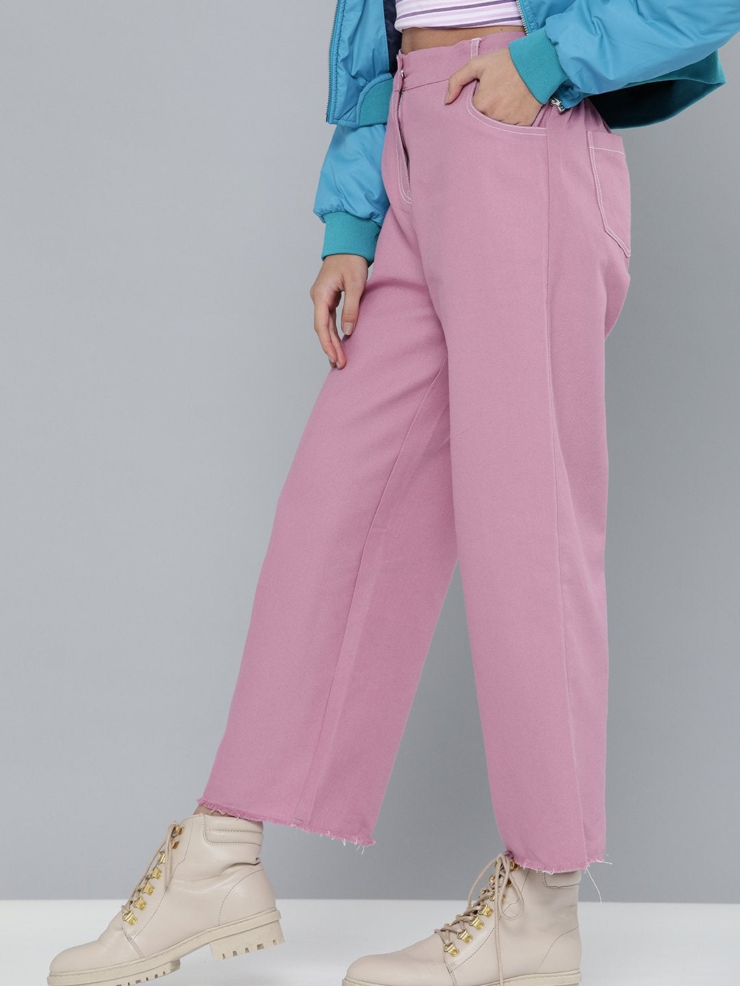 Women's Lavendar Denim Contrast Stitch Wide Pants - SASSAFRAS