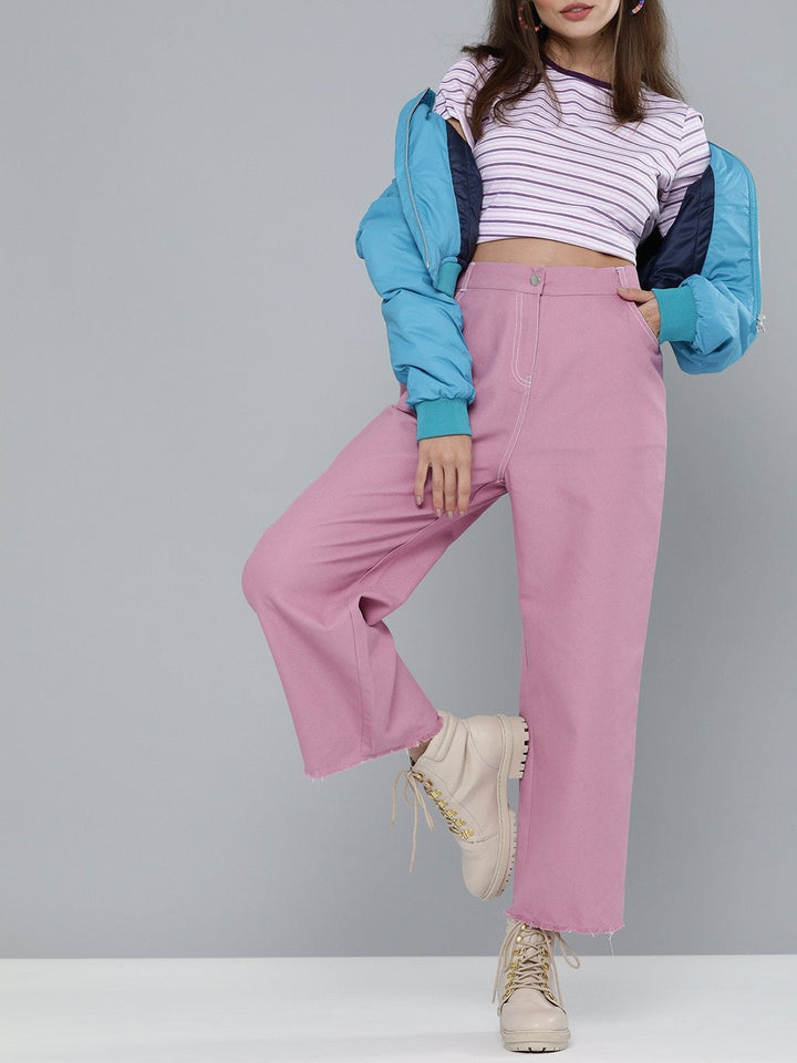 Women's Lavendar Denim Contrast Stitch Wide Pants - SASSAFRAS
