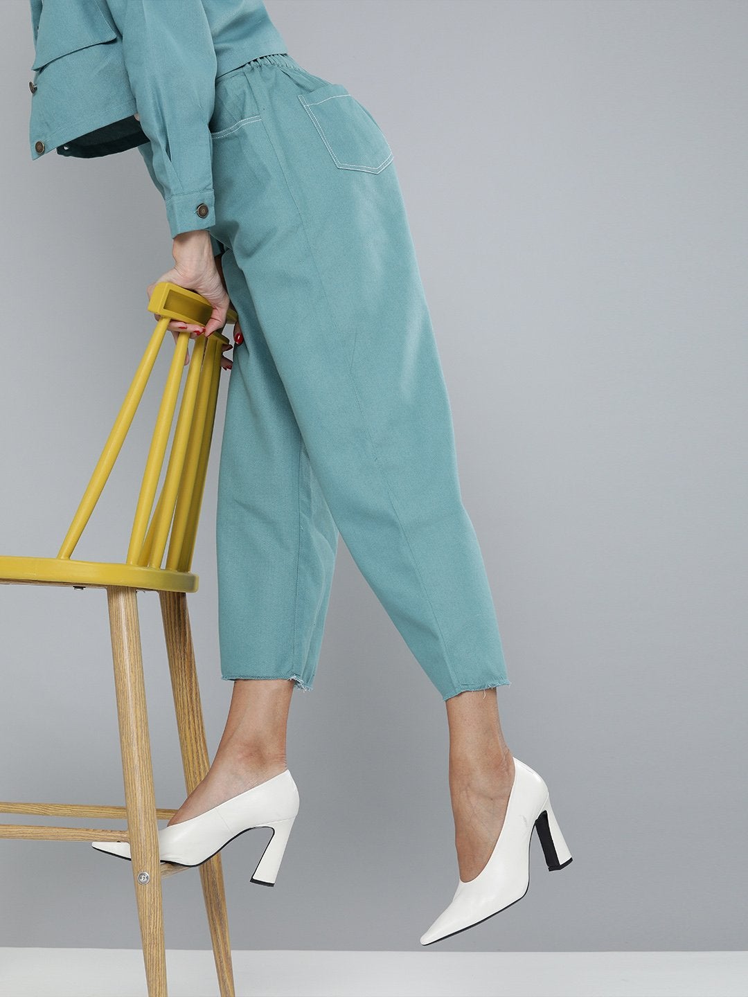Women's Sea Green Denim Contrast Stitch Wide Pants - SASSAFRAS