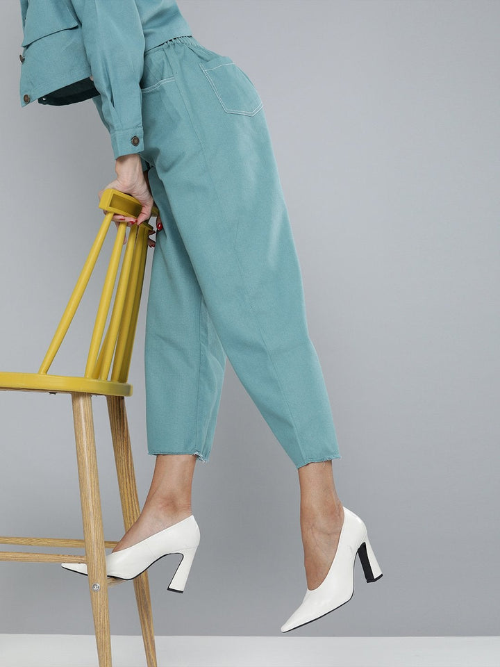 Women's Sea Green Denim Contrast Stitch Wide Pants - SASSAFRAS