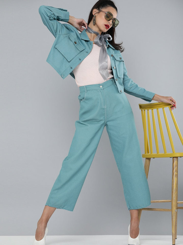 Women's Sea Green Denim Contrast Stitch Wide Pants - SASSAFRAS