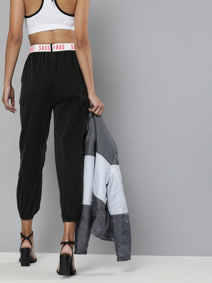 Women's Black Contrast Belted Denim Joggers - SASSAFRAS