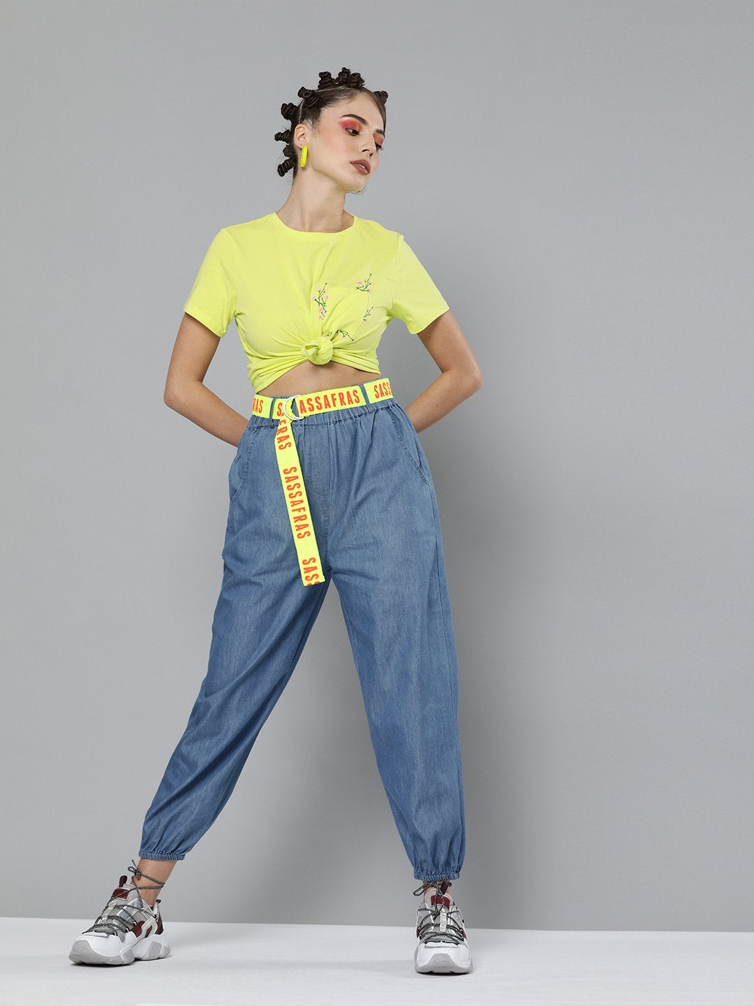 Women's Blue Contrast Belted Denim Joggers - SASSAFRAS