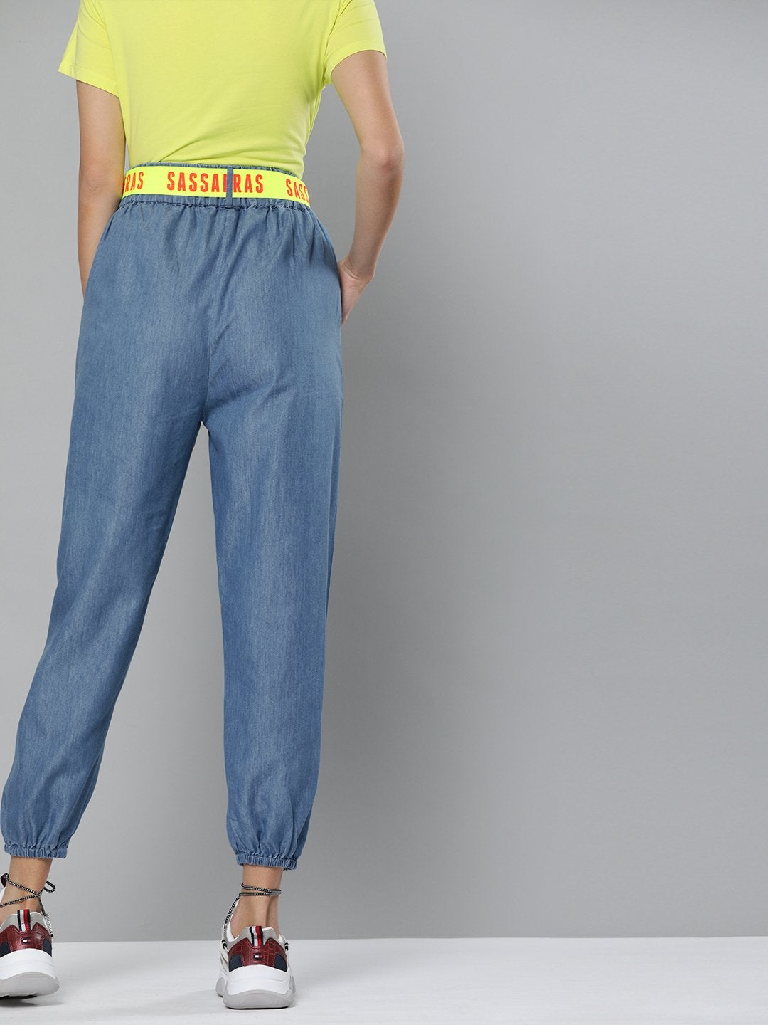 Women's Blue Contrast Belted Denim Joggers - SASSAFRAS