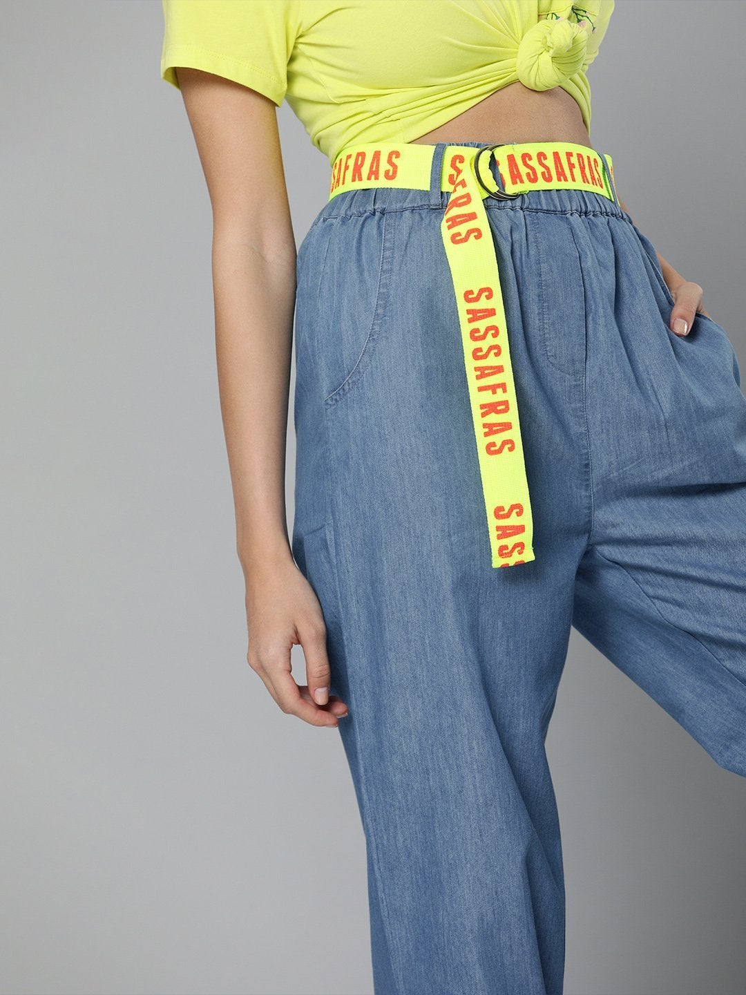Women's Blue Contrast Belted Denim Joggers - SASSAFRAS