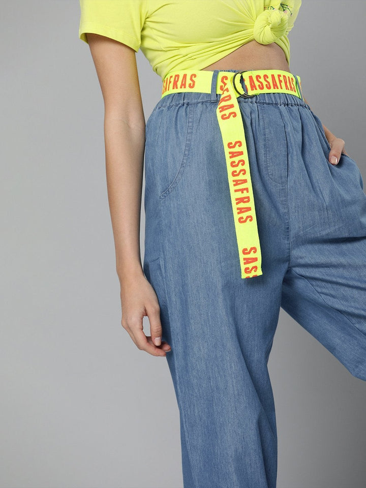 Women's Blue Contrast Belted Denim Joggers - SASSAFRAS