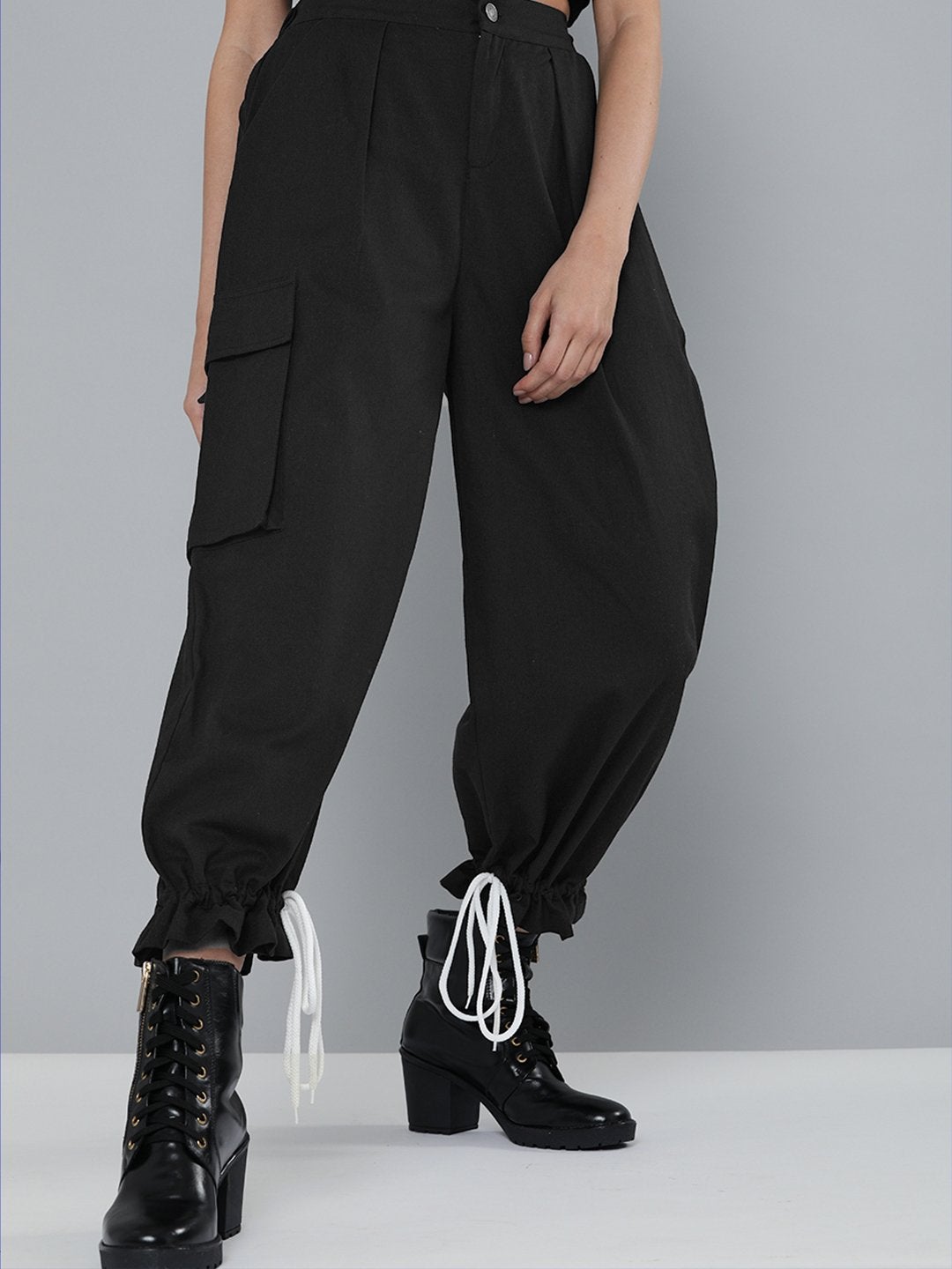 Women's Black Drawstring Hem Joggers - SASSAFRAS