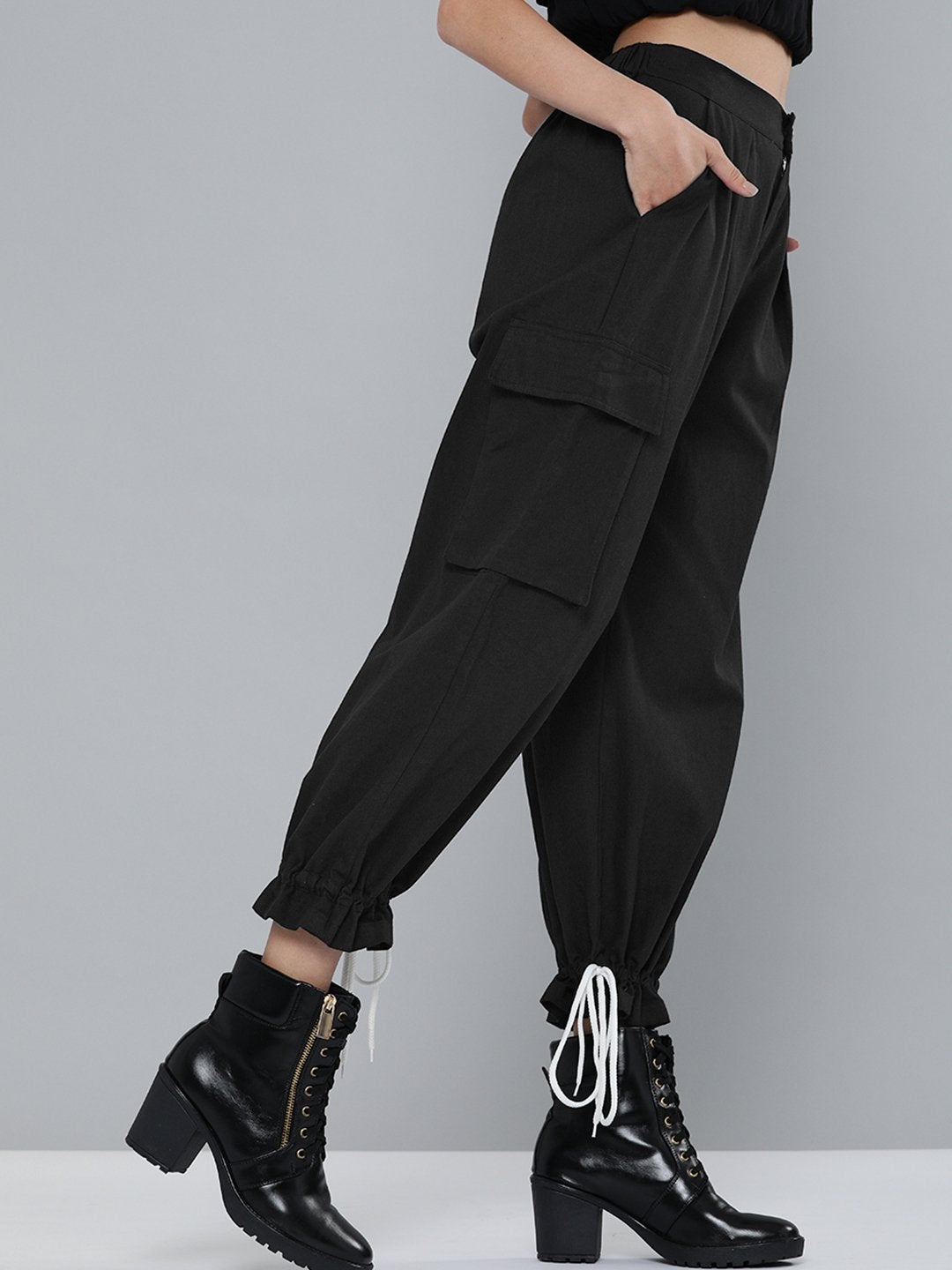 Women's Black Drawstring Hem Joggers - SASSAFRAS