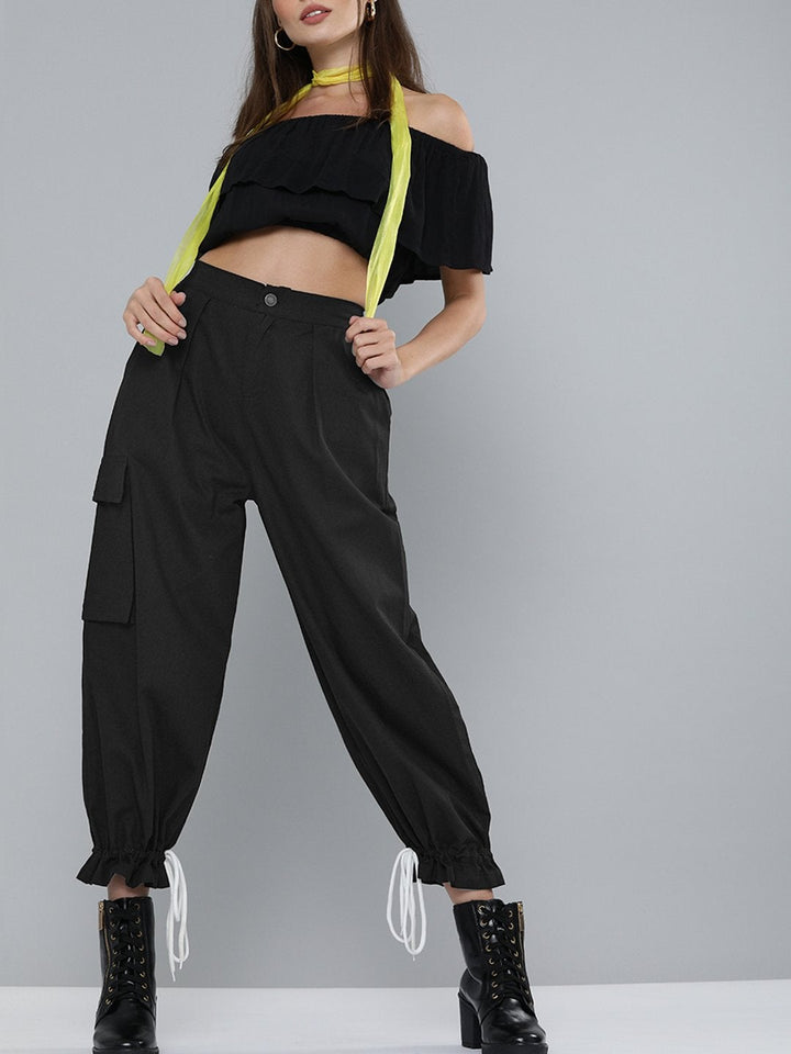 Women's Black Drawstring Hem Joggers - SASSAFRAS