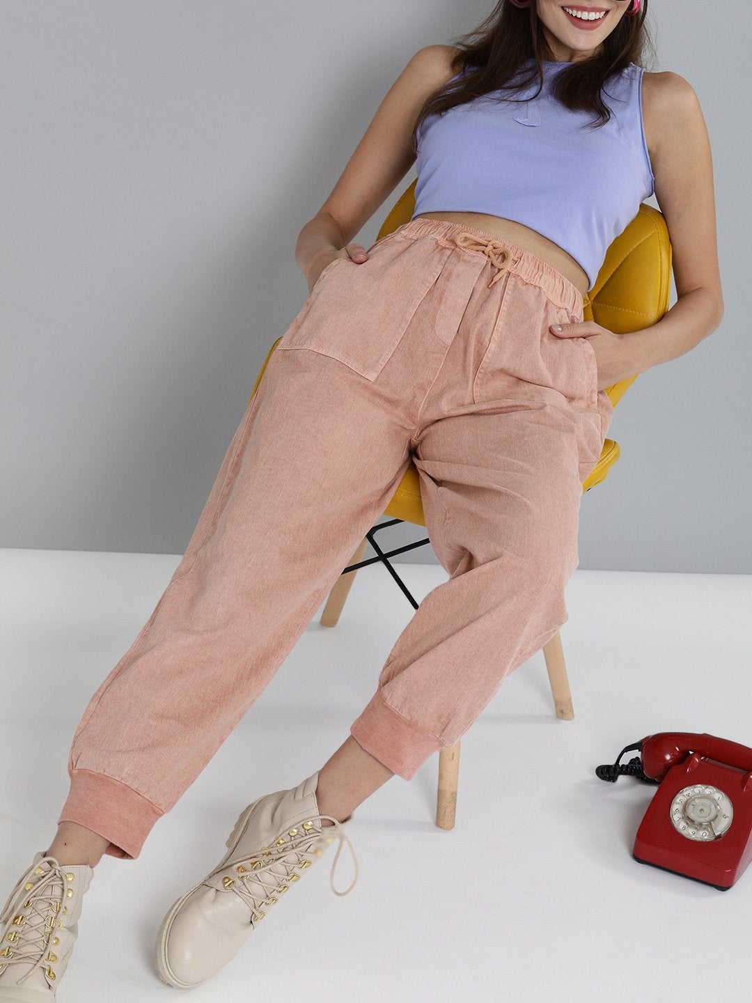 Women's Dusty Pink Pigment Wash Rib Hem Joggers - SASSAFRAS