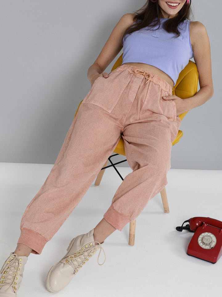 Women's Dusty Pink Pigment Wash Rib Hem Joggers - SASSAFRAS