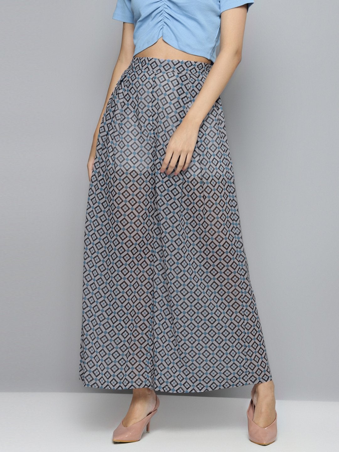 Women's Blue Floral Geo Print Palazzo Pants - SASSAFRAS