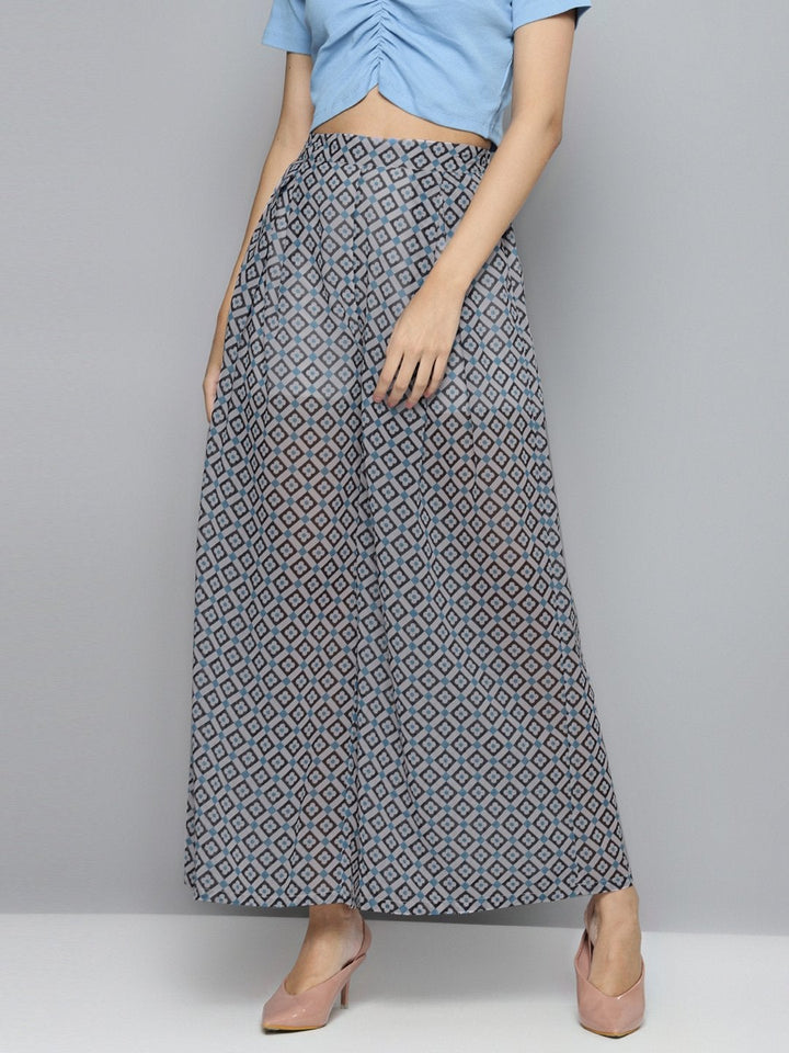 Women's Blue Floral Geo Print Palazzo Pants - SASSAFRAS