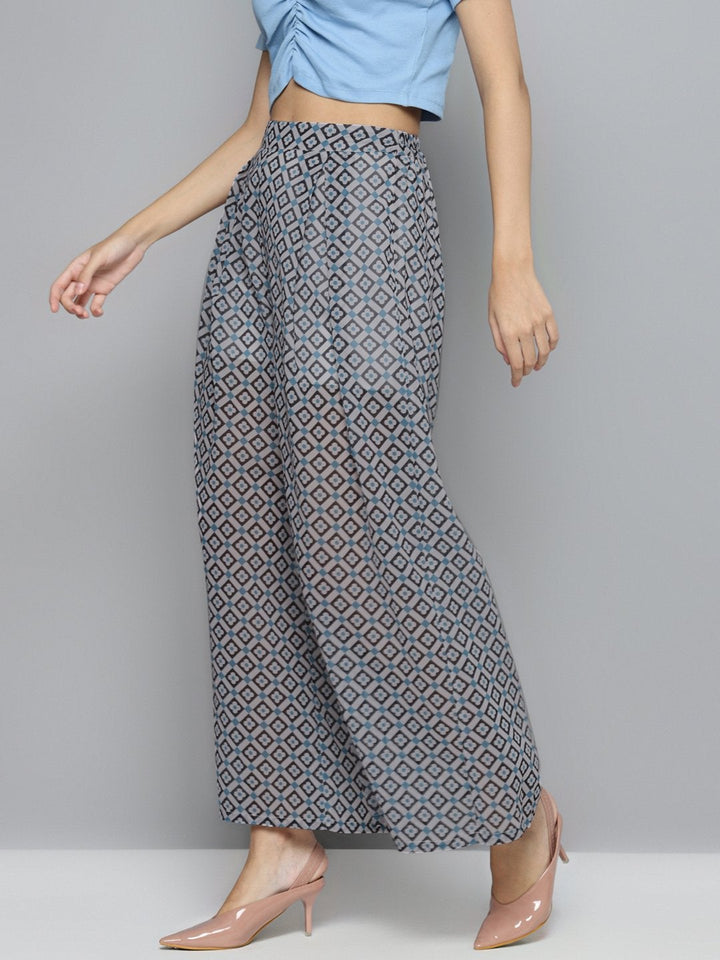 Women's Blue Floral Geo Print Palazzo Pants - SASSAFRAS