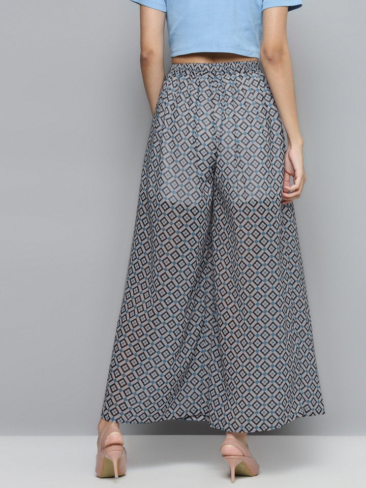 Women's Blue Floral Geo Print Palazzo Pants - SASSAFRAS