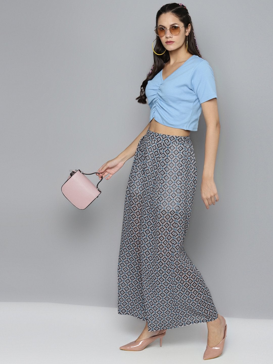 Women's Blue Floral Geo Print Palazzo Pants - SASSAFRAS