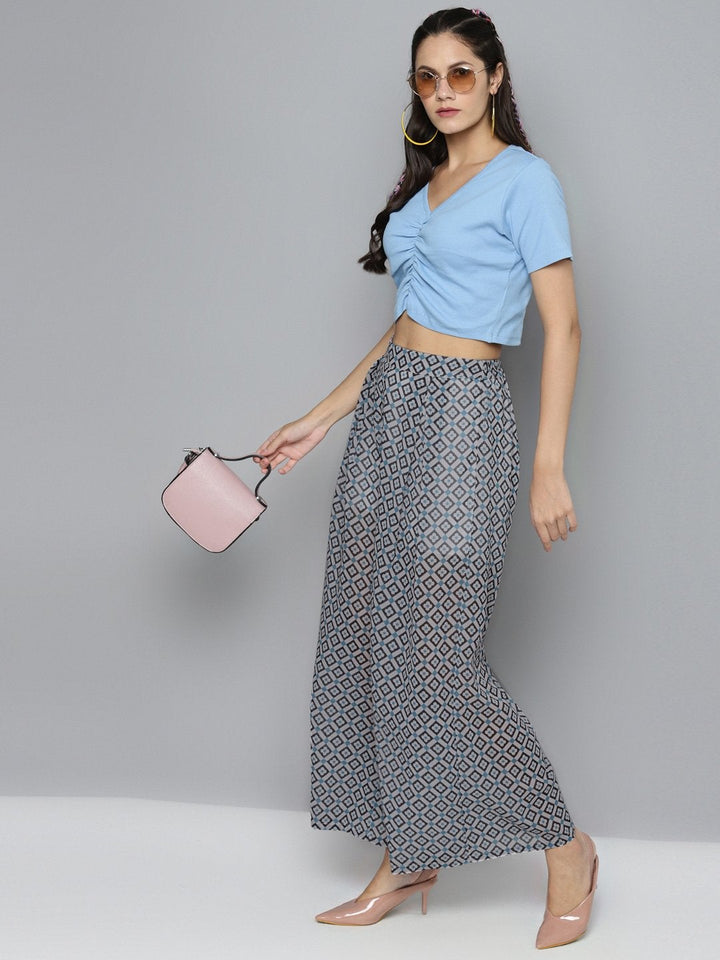 Women's Blue Floral Geo Print Palazzo Pants - SASSAFRAS